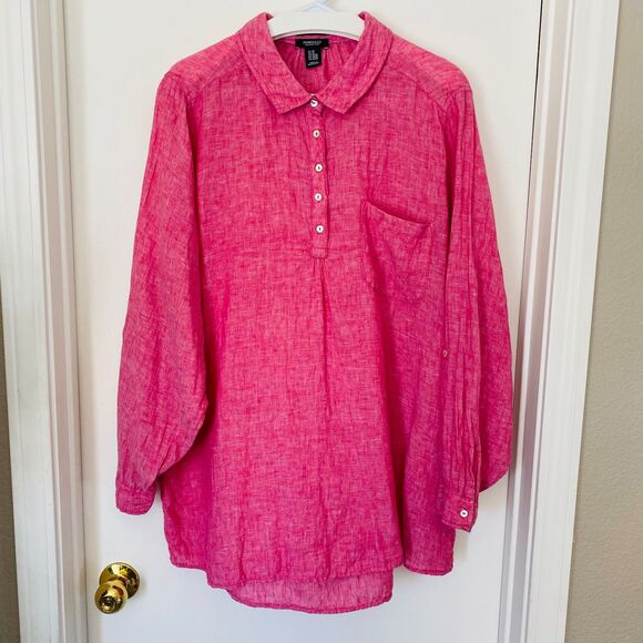 Jones New York Tops - JONES NEW YORK Pink 100% Linen Pop Over Long Sleeve Lagenlook Top SIZE 2X